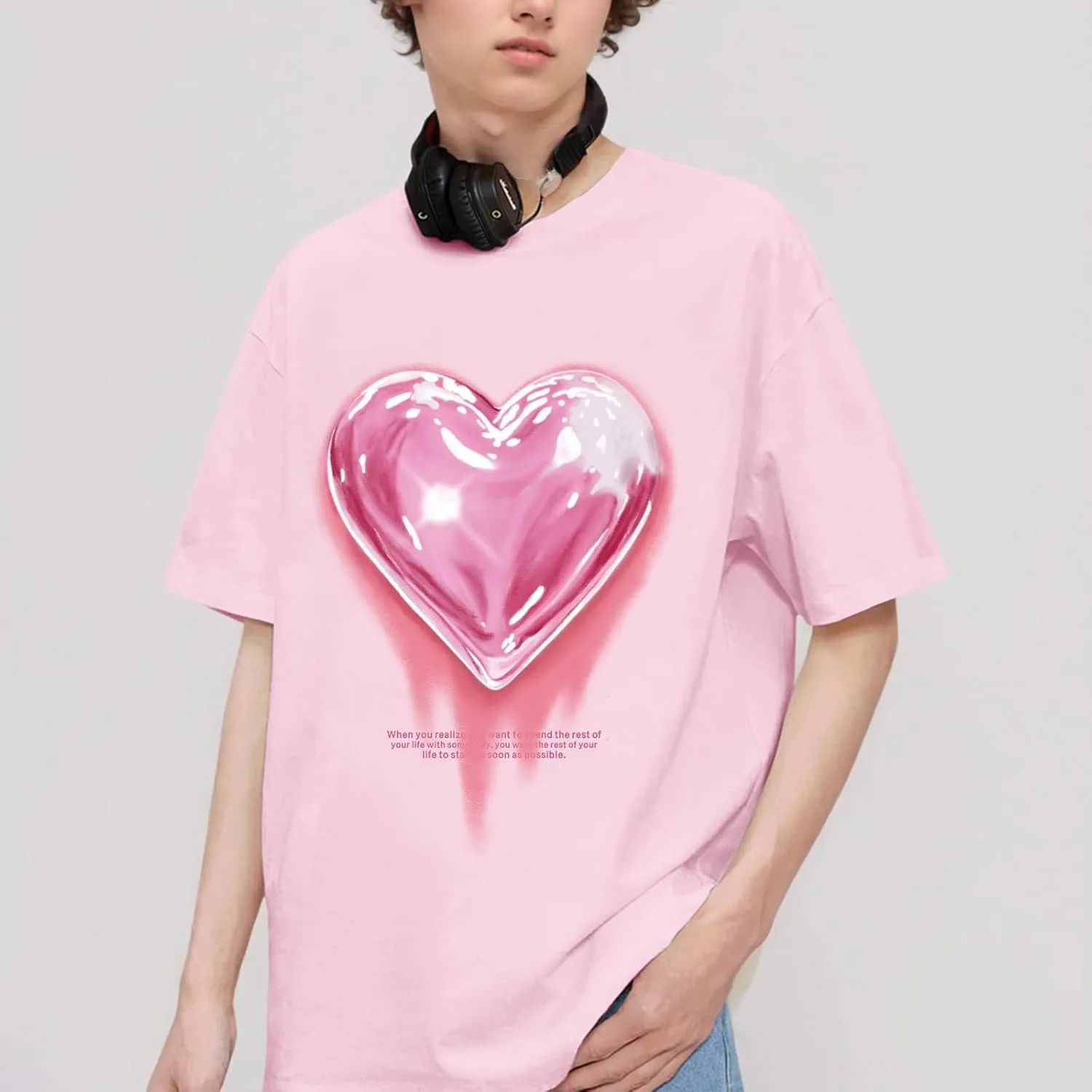 KIEKIECOO Oversized Graphic Tees for Women Cute Shirts for Teens Girls Casual Heart Shirt Men Cotton Tshirts Loose Fit
