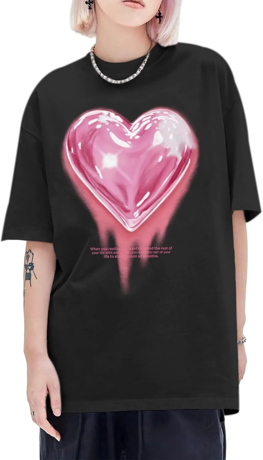 KIEKIECOO Oversized Graphic Tees for Women Cute Shirts for Teens Girls Casual Heart Shirt Men Cotton Tshirts Loose Fit