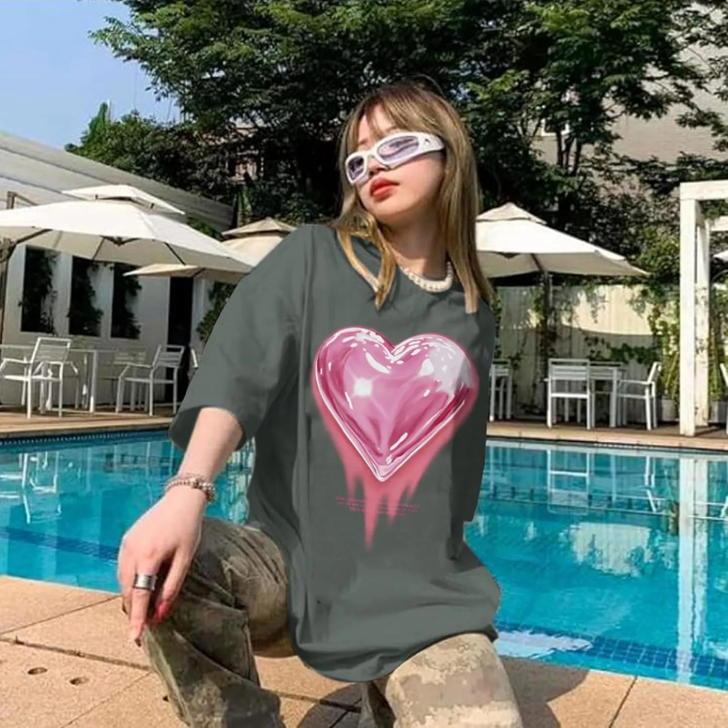 KIEKIECOO Oversized Graphic Tees for Women Cute Shirts for Teens Girls Casual Heart Shirt Men Cotton Tshirts Loose Fit