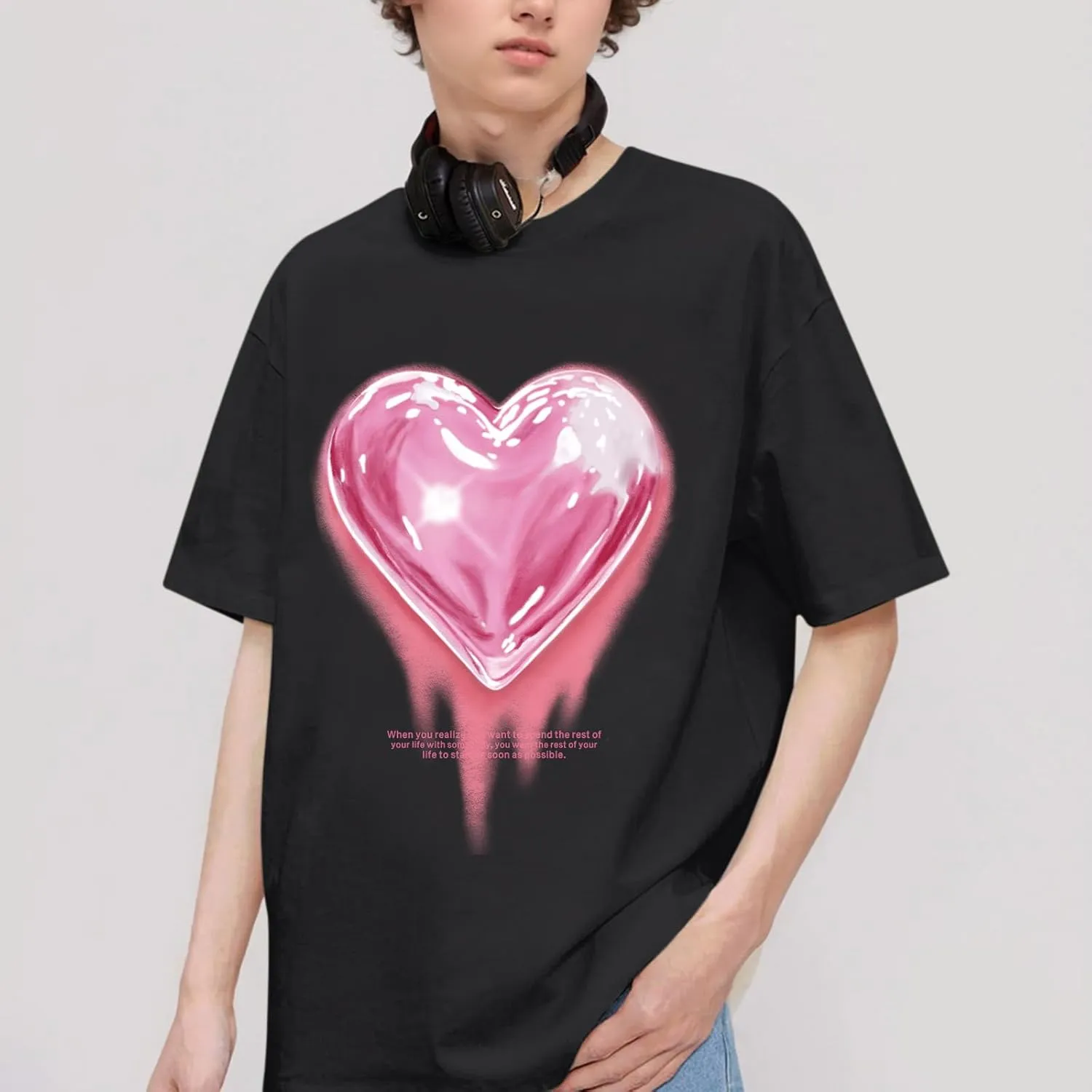 KIEKIECOO Oversized Graphic Tees for Women Cute Shirts for Teens Girls Casual Heart Shirt Men Cotton Tshirts Loose Fit