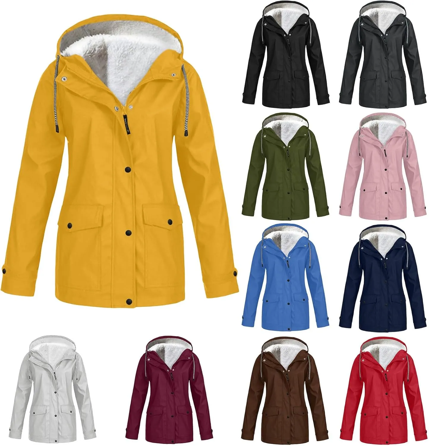 Kubbon Women's Trench Coats Waterproof Hooded Rain Jackets Softshell Warm Fleece Lined Windbreaker Jackets Going Out Outwear