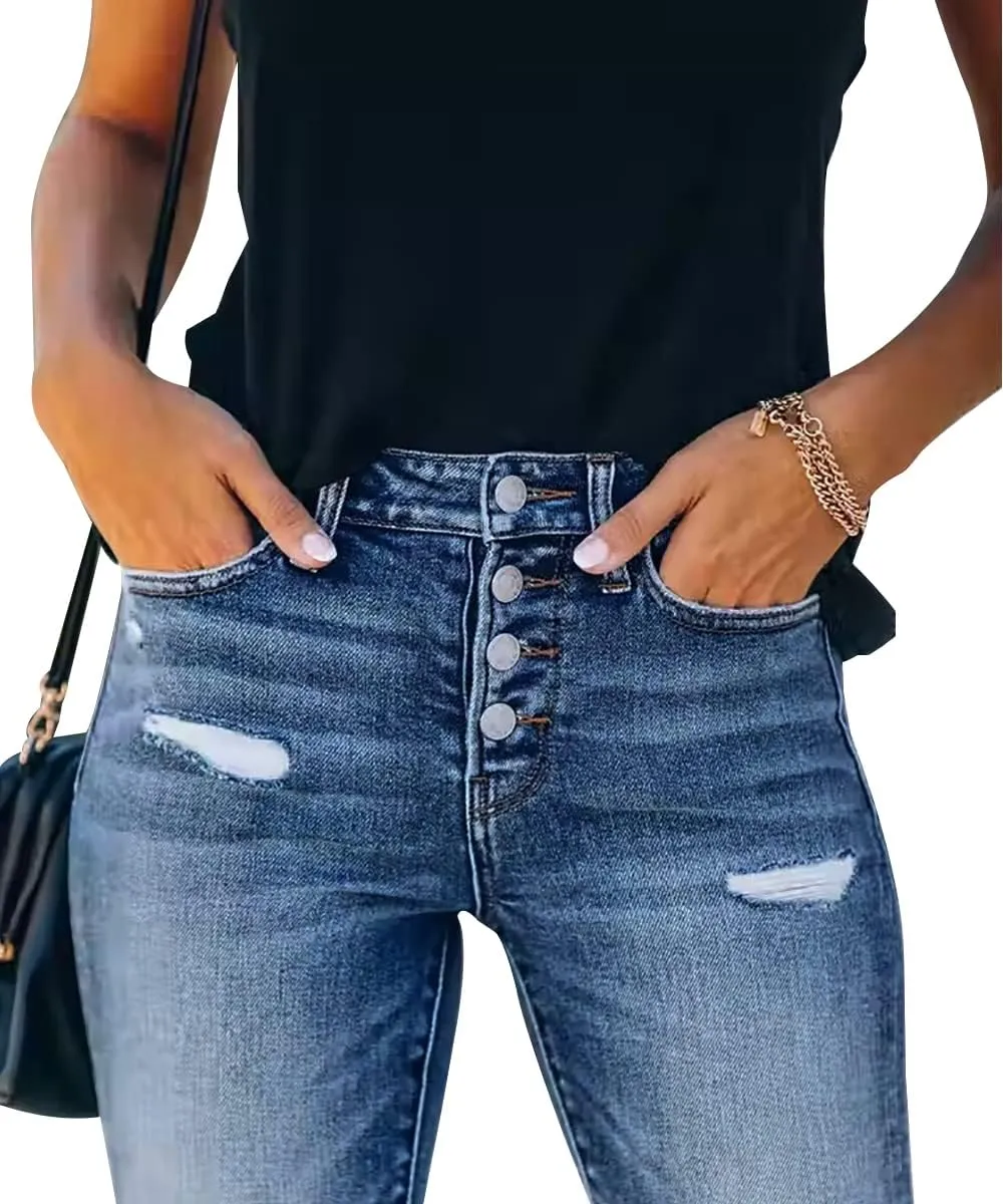 KUNMI Women's Ripped Skinny Slim Fit Jeans Frayed Distressed Stretchy Denim Pants