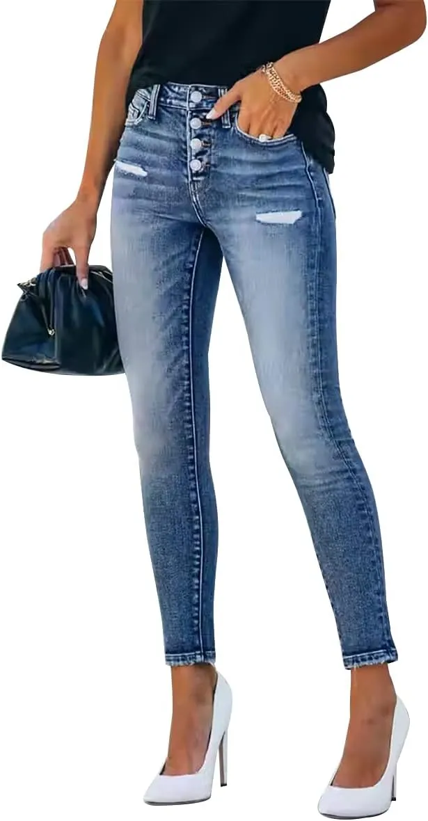 KUNMI Women's Ripped Skinny Slim Fit Jeans Frayed Distressed Stretchy Denim Pants