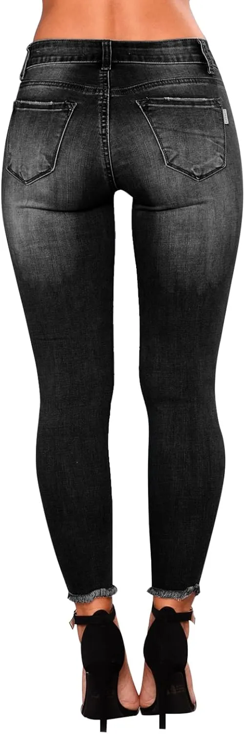 KUNMI Women's Ripped Skinny Slim Fit Jeans Frayed Distressed Stretchy Denim Pants