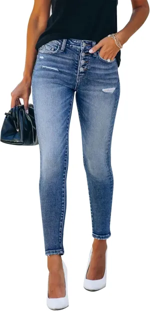 KUNMI Women's Ripped Skinny Slim Fit Jeans Frayed Distressed Stretchy Denim Pants