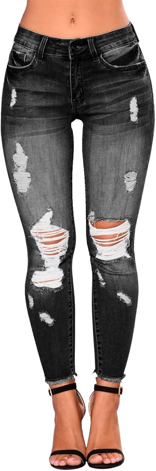 KUNMI Women's Ripped Skinny Slim Fit Jeans Frayed Distressed Stretchy Denim Pants