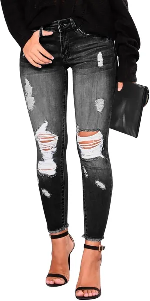 KUNMI Women's Ripped Skinny Slim Fit Jeans Frayed Distressed Stretchy Denim Pants