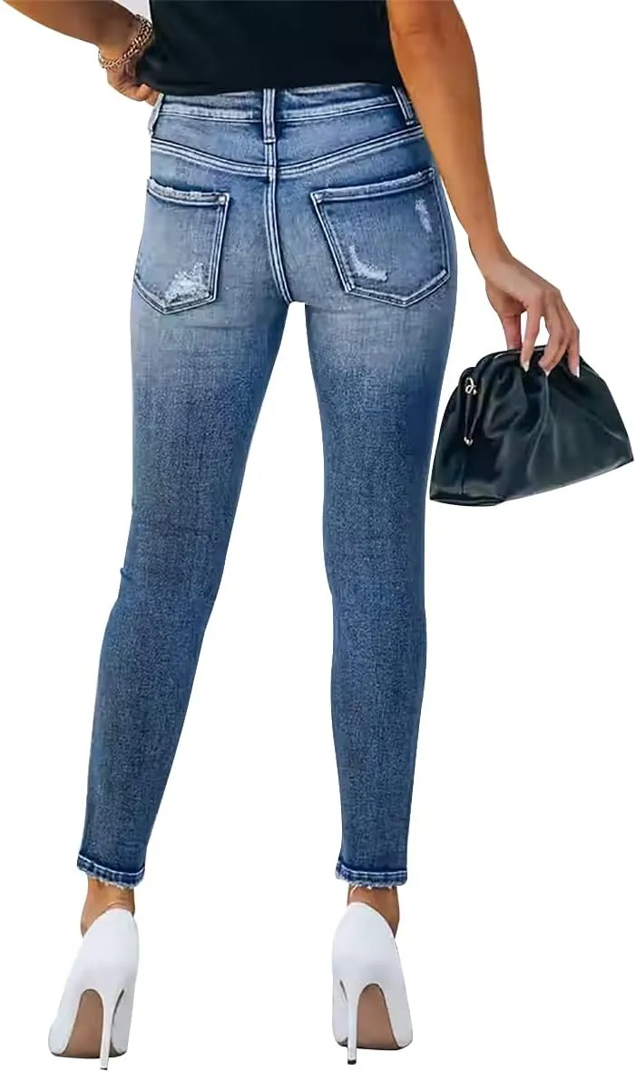 KUNMI Women's Ripped Skinny Slim Fit Jeans Frayed Distressed Stretchy Denim Pants