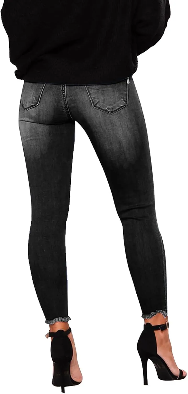 KUNMI Women's Ripped Skinny Slim Fit Jeans Frayed Distressed Stretchy Denim Pants
