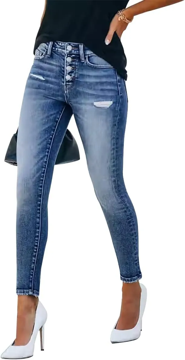 KUNMI Women's Ripped Skinny Slim Fit Jeans Frayed Distressed Stretchy Denim Pants