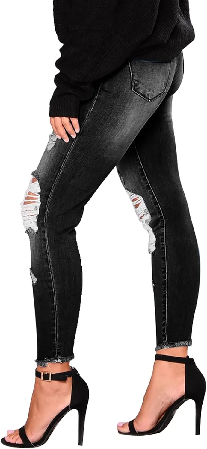 KUNMI Women's Ripped Skinny Slim Fit Jeans Frayed Distressed Stretchy Denim Pants
