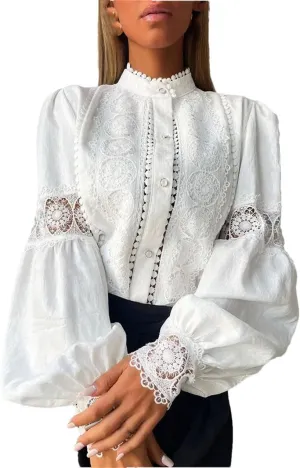 Lace Blouses Women Solid Lace and Button Hook Flower Hollow Puff Sleeves Blouse Top Lady Office Shirts
