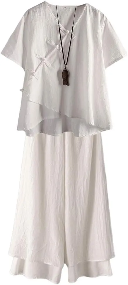 LaovanIn Women's Linen Blouse Tops V Neck Short Sleeve Vintage Tunic Casual Shirts