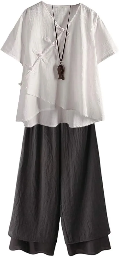 LaovanIn Women's Linen Blouse Tops V Neck Short Sleeve Vintage Tunic Casual Shirts