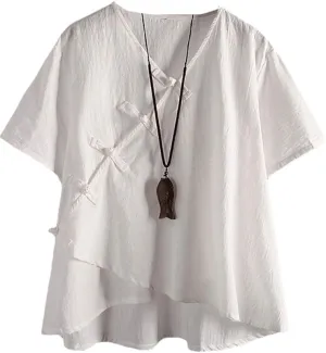 LaovanIn Women's Linen Blouse Tops V Neck Short Sleeve Vintage Tunic Casual Shirts