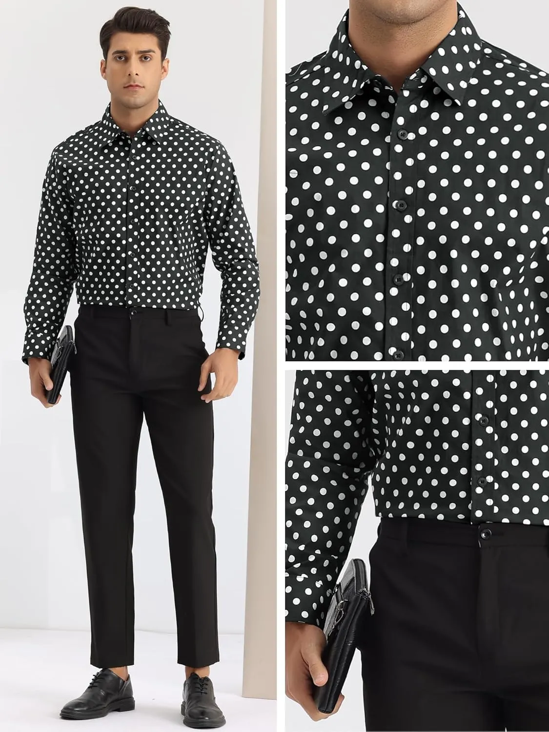 Lars Amadeus Polka Dots Pattern Shirt for Men's Long Sleeves Color Block Business Shirts