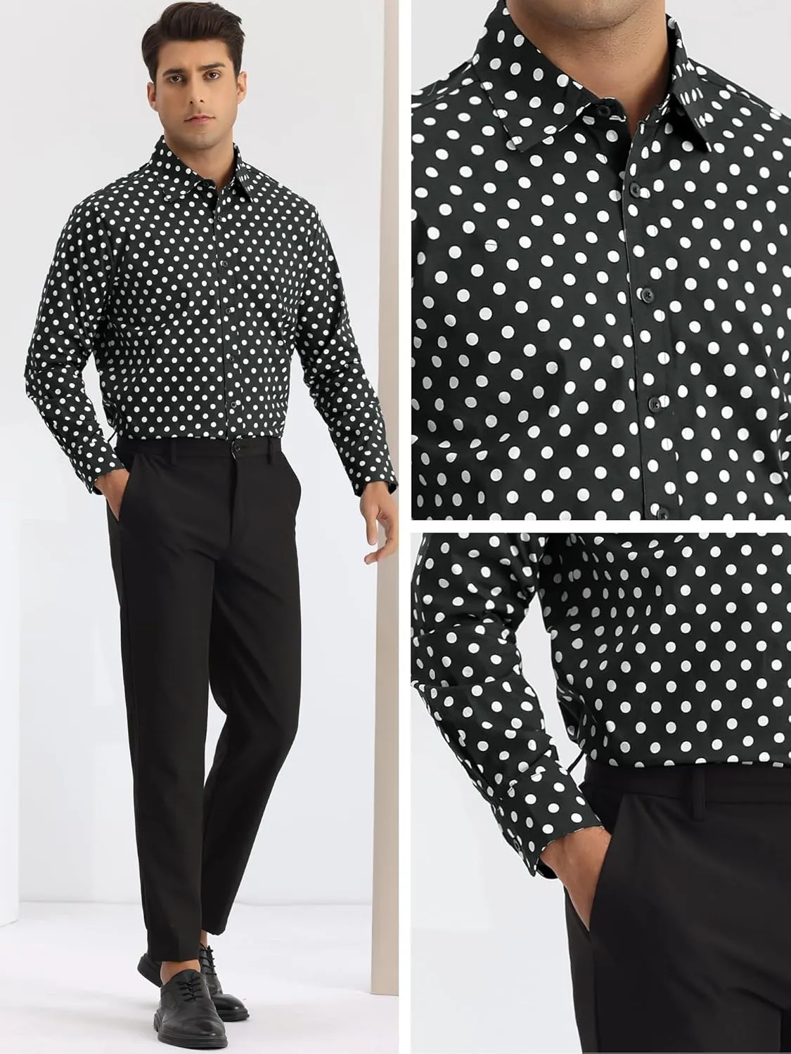 Lars Amadeus Polka Dots Pattern Shirt for Men's Long Sleeves Color Block Business Shirts
