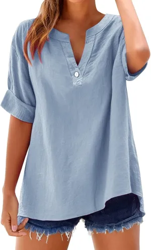 Linen Blouses for Women Short Sleeve Trendy Tops Button Down V Neck Shirt Summer Vacation Shirts 2025 Trendy Tops Tees