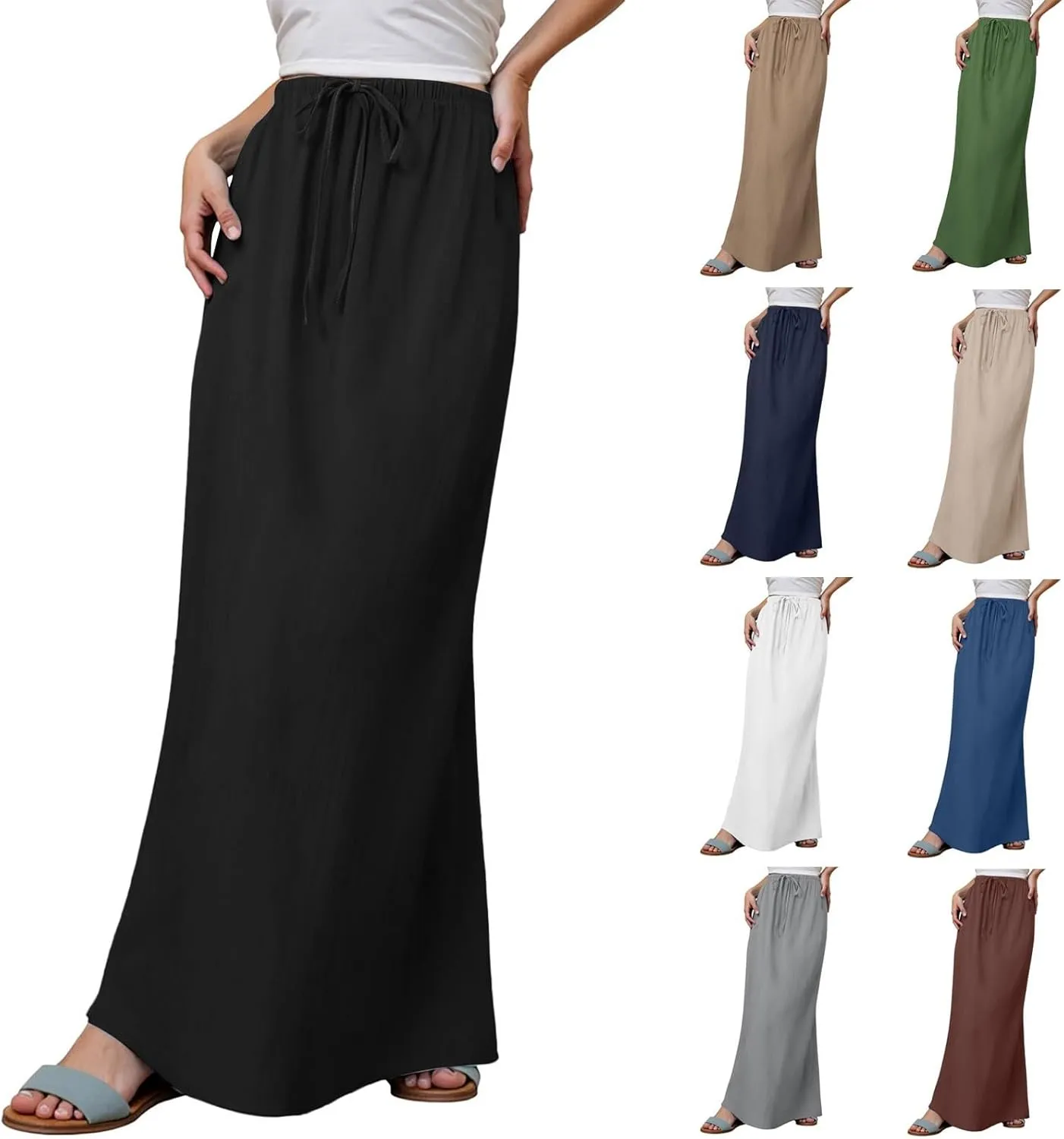 Linen Maxi Skirts for Women Cute Vacation Long Flowy Skirt Trendy Summer Comfy Drawstring Waist A Line Skirts