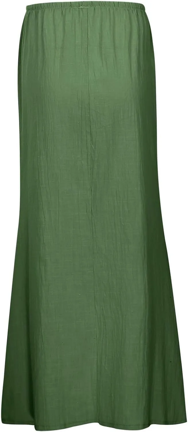 Linen Maxi Skirts for Women Cute Vacation Long Flowy Skirt Trendy Summer Comfy Drawstring Waist A Line Skirts