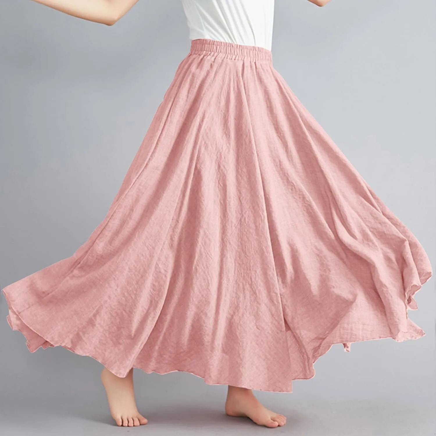 Linen Maxi Skirts for Women Flowy Swing A-Line Skirt Ankle Length Elastic High Waist Summer Beach Vacation Clothes