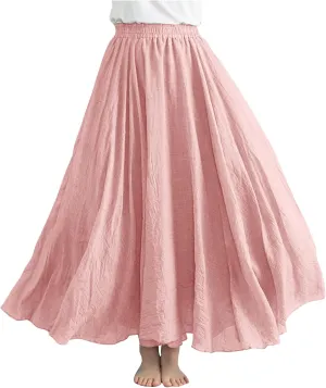 Linen Maxi Skirts for Women Flowy Swing A-Line Skirt Ankle Length Elastic High Waist Summer Beach Vacation Clothes