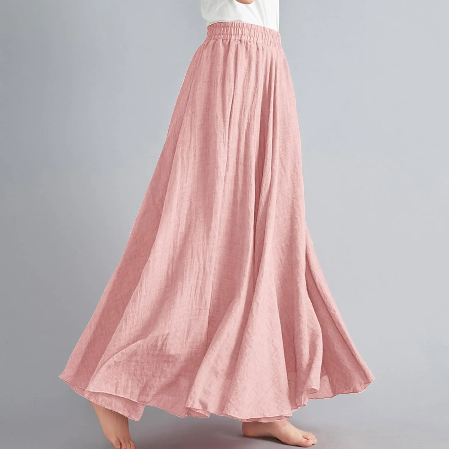 Linen Maxi Skirts for Women Flowy Swing A-Line Skirt Ankle Length Elastic High Waist Summer Beach Vacation Clothes