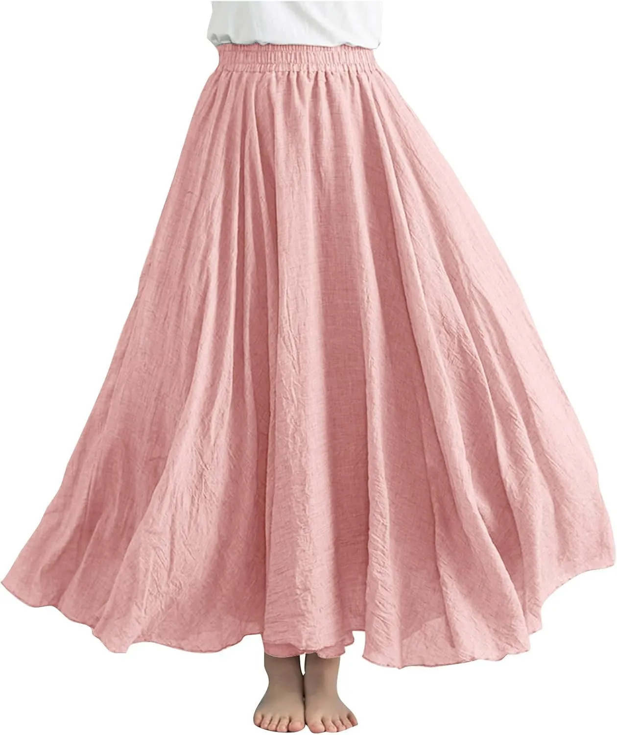 Linen Maxi Skirts for Women Flowy Swing A-Line Skirt Ankle Length Elastic High Waist Summer Beach Vacation Clothes