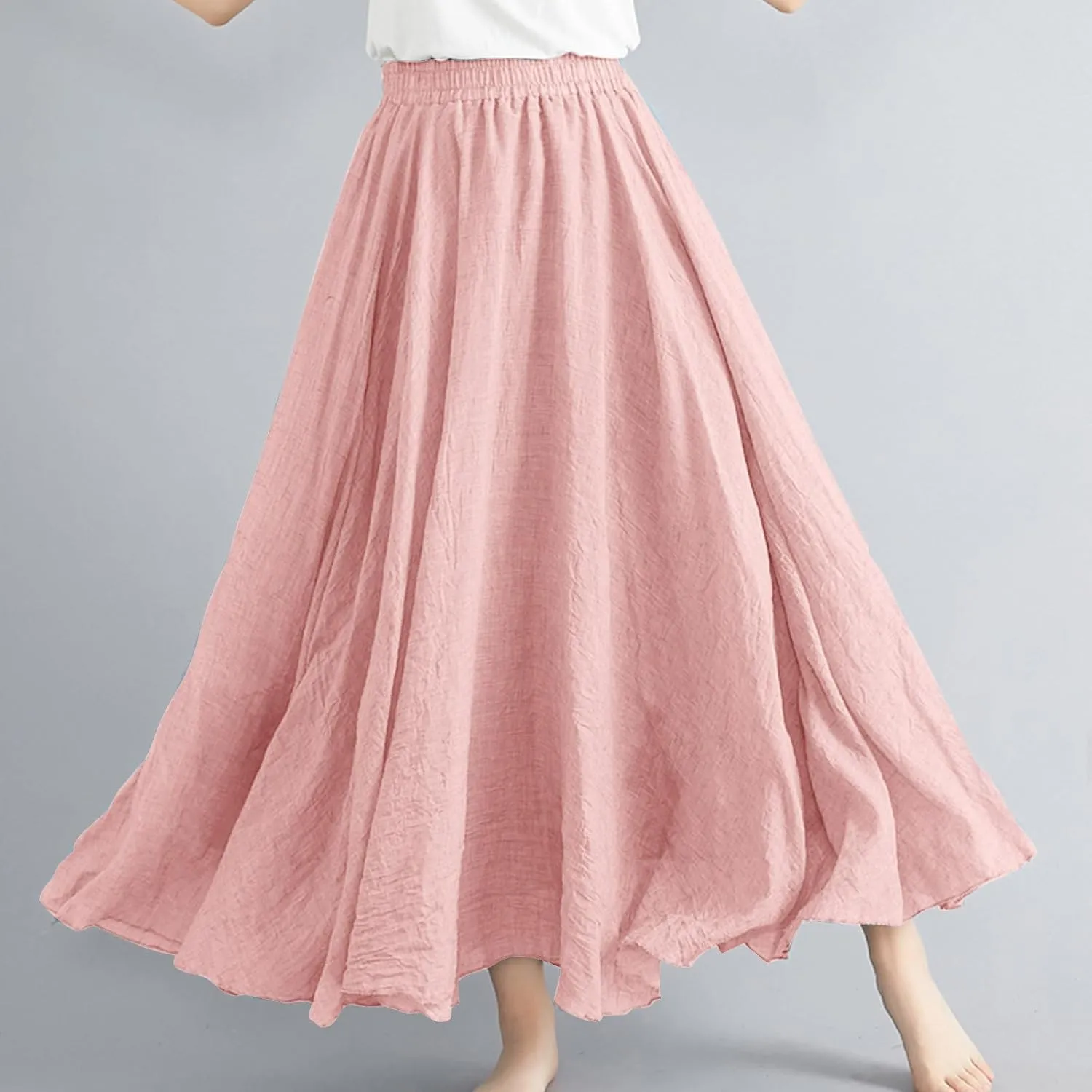 Linen Maxi Skirts for Women Flowy Swing A-Line Skirt Ankle Length Elastic High Waist Summer Beach Vacation Clothes