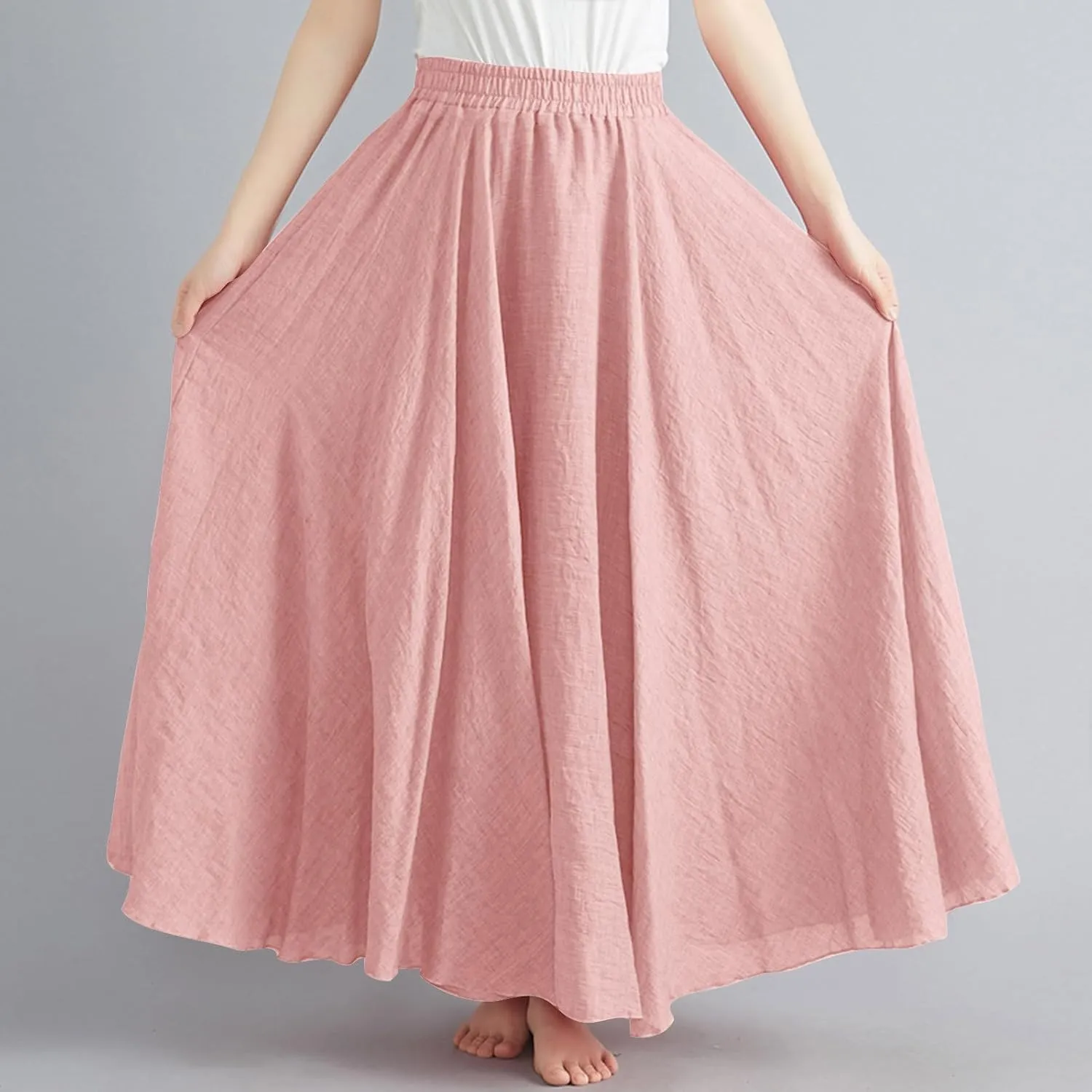 Linen Maxi Skirts for Women Flowy Swing A-Line Skirt Ankle Length Elastic High Waist Summer Beach Vacation Clothes