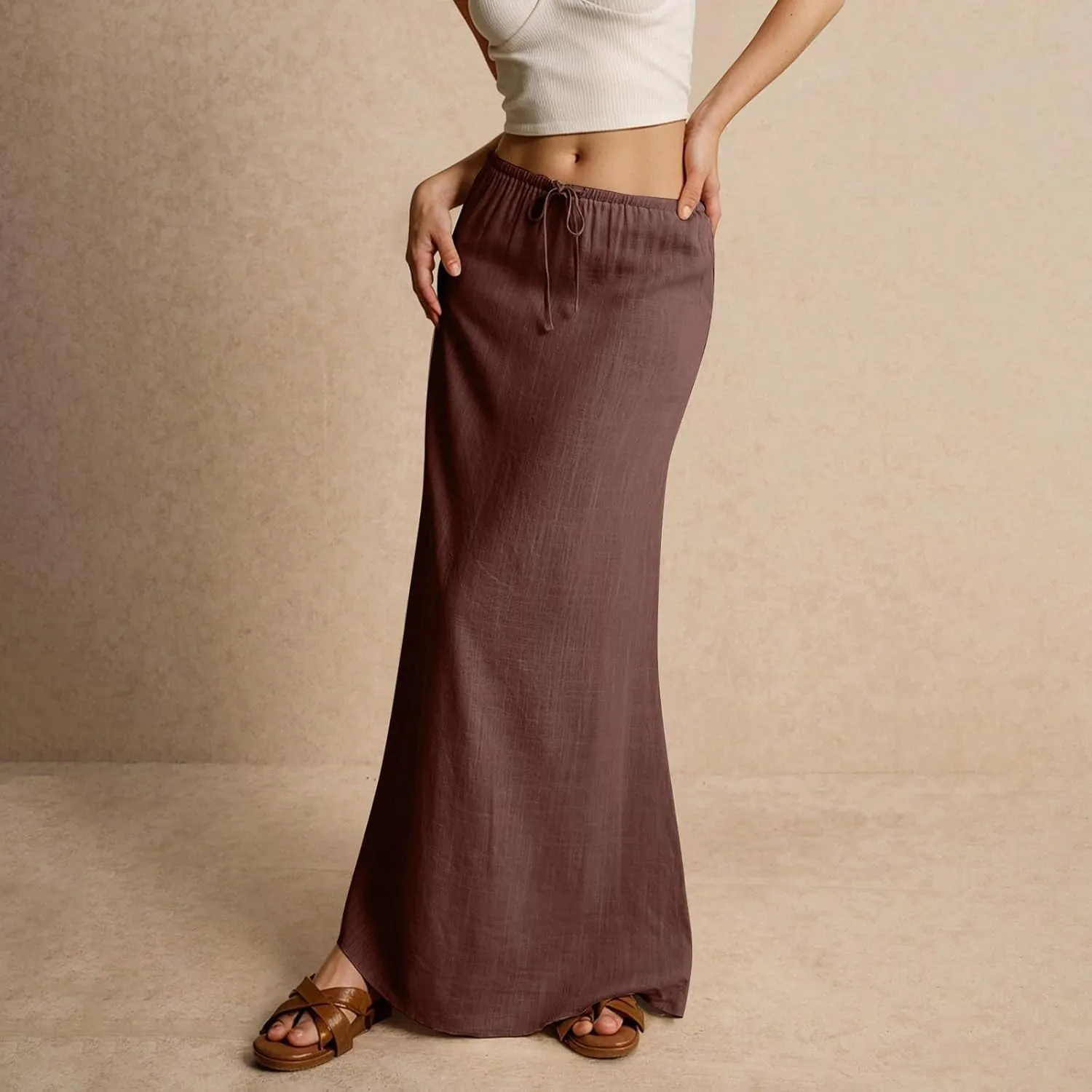 Linen Maxi Skirts for Women Summer Beach Comfy Drawstring Waist A Line Skirts Vacation Boho Long Flowy Skirt