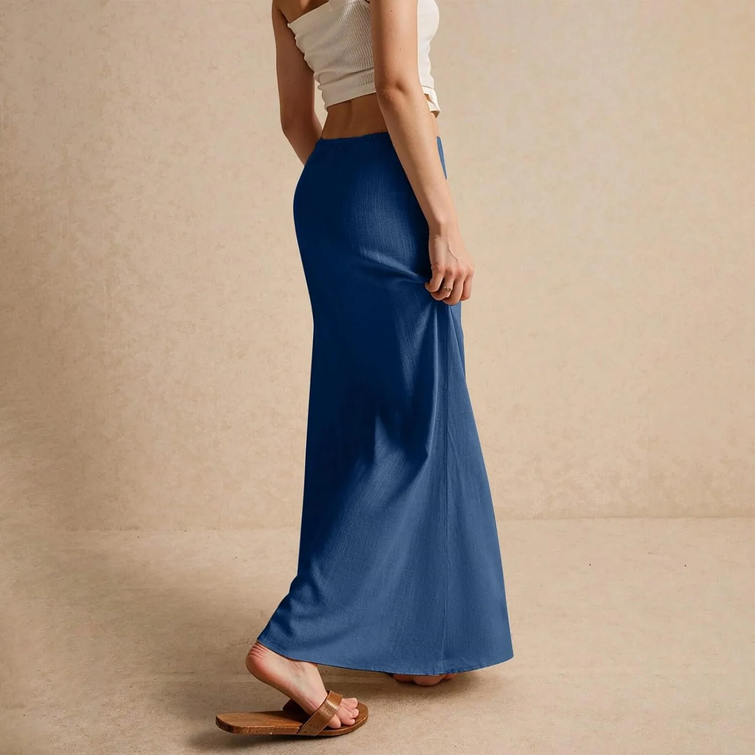 Linen Maxi Skirts for Women Summer Beach Comfy Drawstring Waist A Line Skirts Vacation Boho Long Flowy Skirt