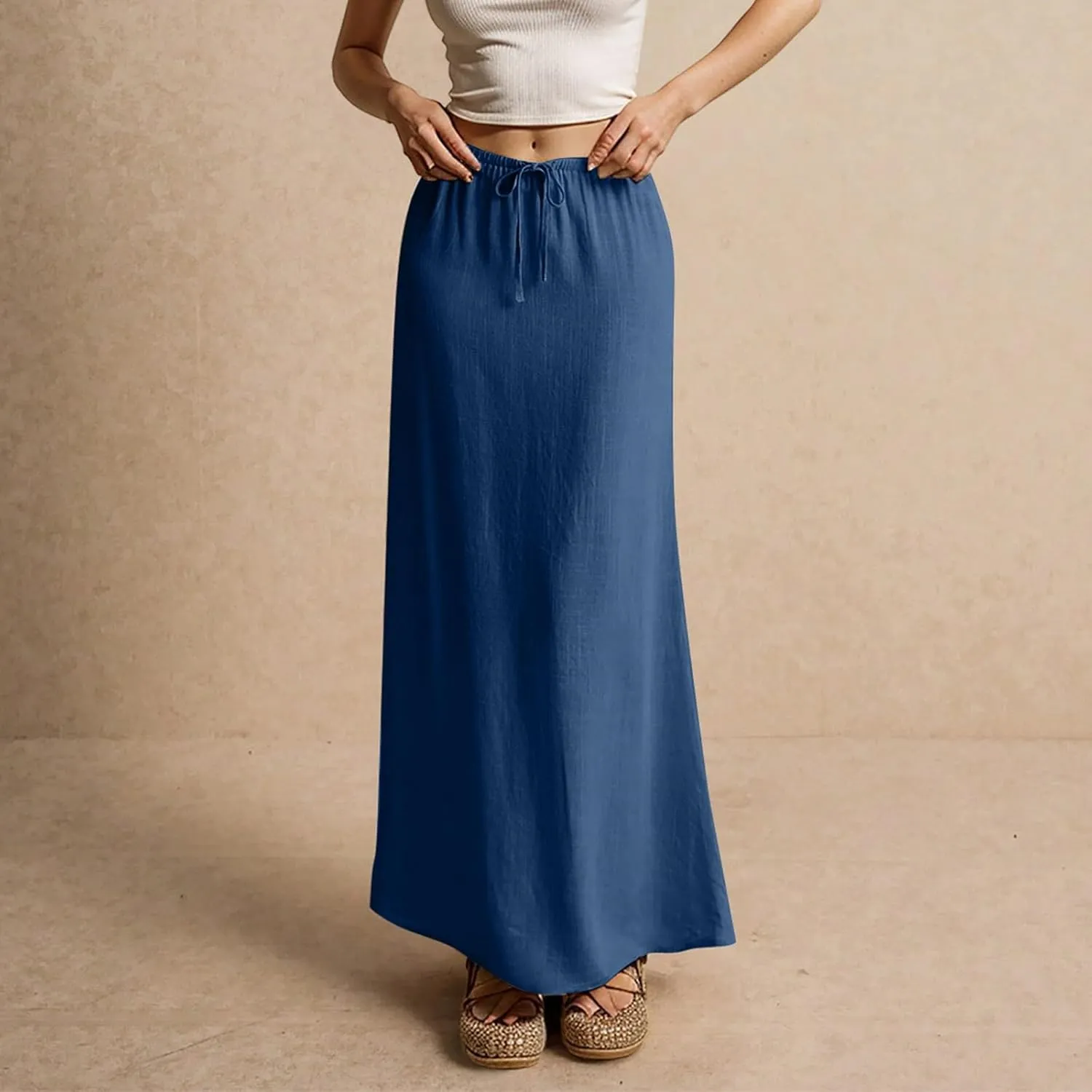 Linen Maxi Skirts for Women Summer Beach Comfy Drawstring Waist A Line Skirts Vacation Boho Long Flowy Skirt