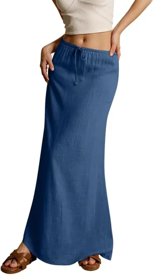 Linen Maxi Skirts for Women Summer Beach Comfy Drawstring Waist A Line Skirts Vacation Boho Long Flowy Skirt