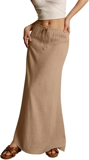 Linen Maxi Skirts for Women Summer Beach Comfy Drawstring Waist A Line Skirts Vacation Boho Long Flowy Skirt