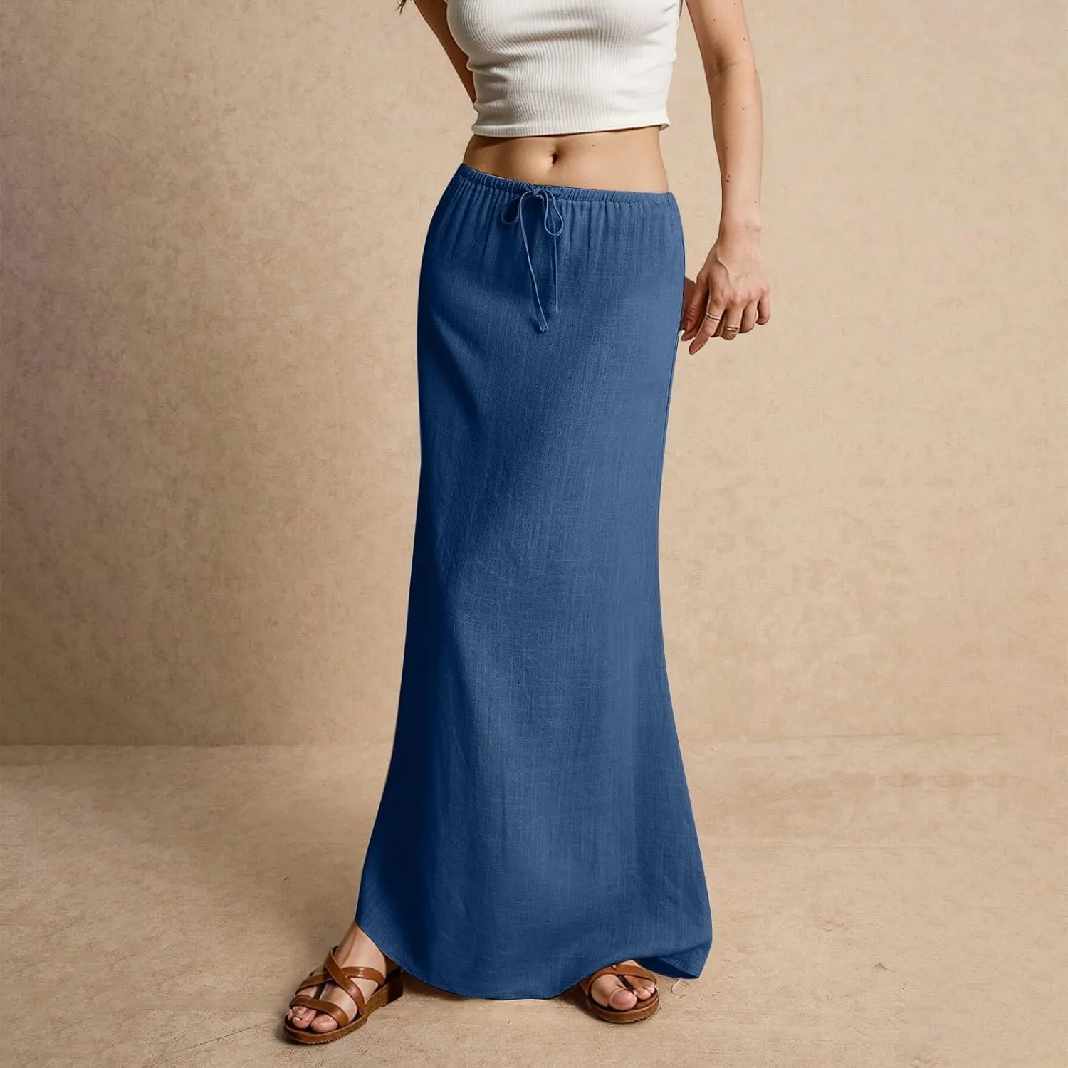 Linen Maxi Skirts for Women Summer Beach Comfy Drawstring Waist A Line Skirts Vacation Boho Long Flowy Skirt