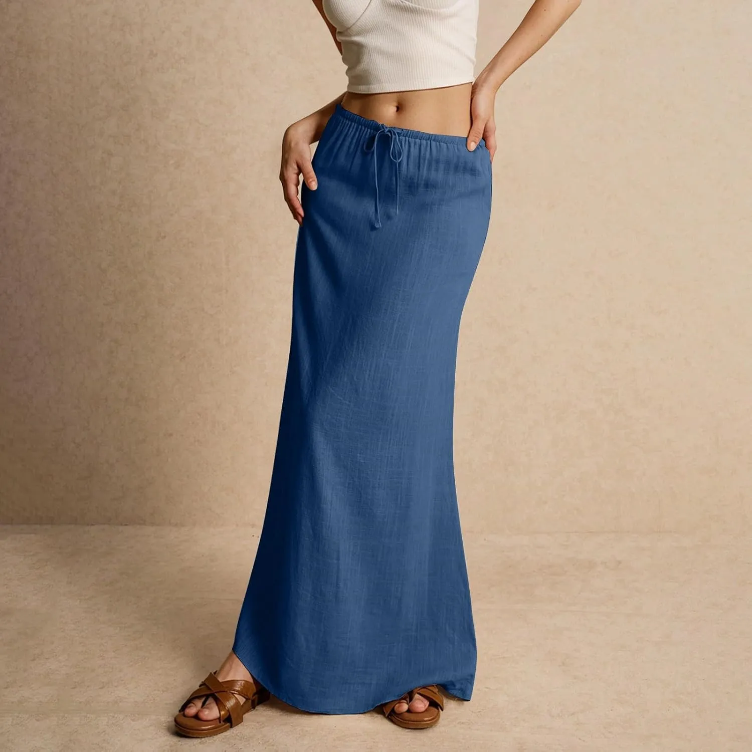 Linen Maxi Skirts for Women Summer Beach Comfy Drawstring Waist A Line Skirts Vacation Boho Long Flowy Skirt