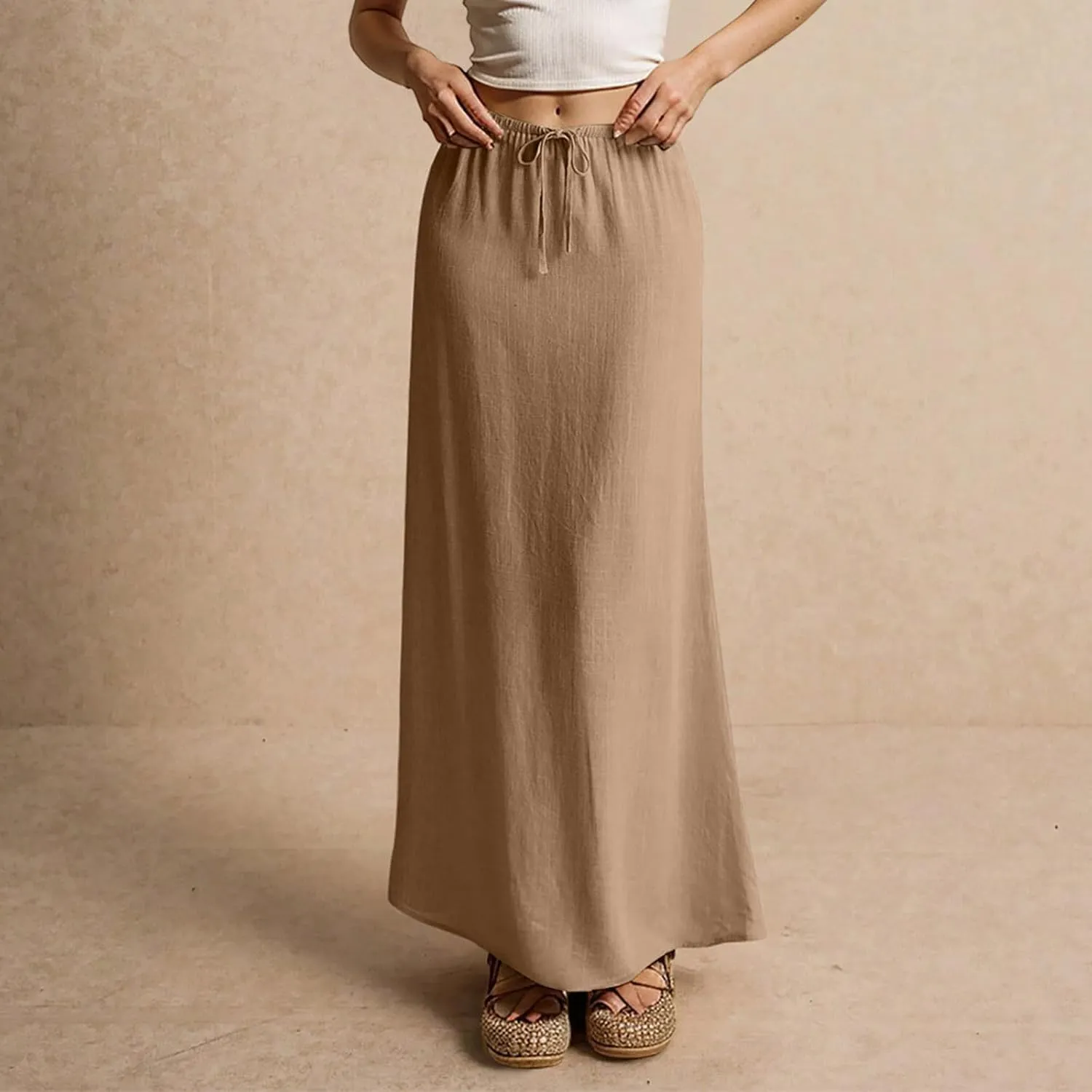 Linen Maxi Skirts for Women Summer Elastic Drawstring Waist A Line Skirts Cute Vacation Long Flowy Skirt