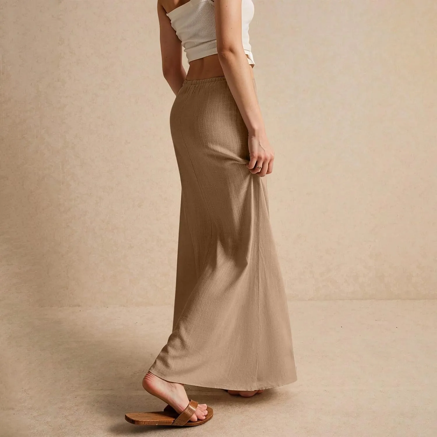 Linen Maxi Skirts for Women Summer Elastic Drawstring Waist A Line Skirts Cute Vacation Long Flowy Skirt