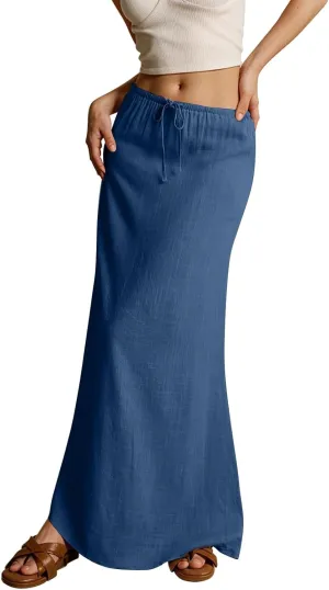 Linen Maxi Skirts for Women Summer Elastic Drawstring Waist A Line Skirts Cute Vacation Long Flowy Skirt