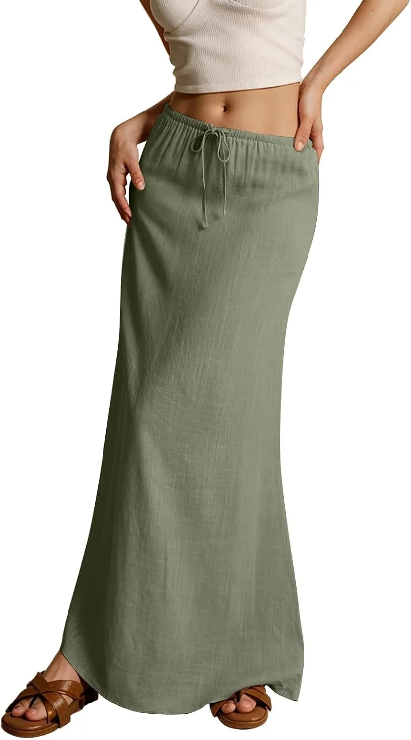 Linen Maxi Skirts for Women Summer Elastic Drawstring Waist A Line Skirts Cute Vacation Long Flowy Skirt