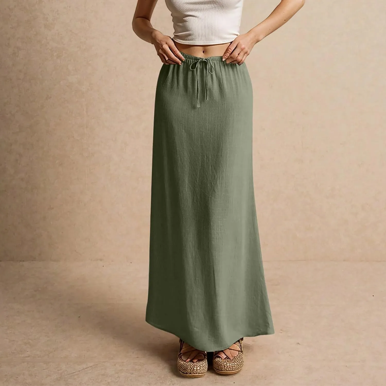 Linen Maxi Skirts for Women Summer Elastic Drawstring Waist A Line Skirts Cute Vacation Long Flowy Skirt