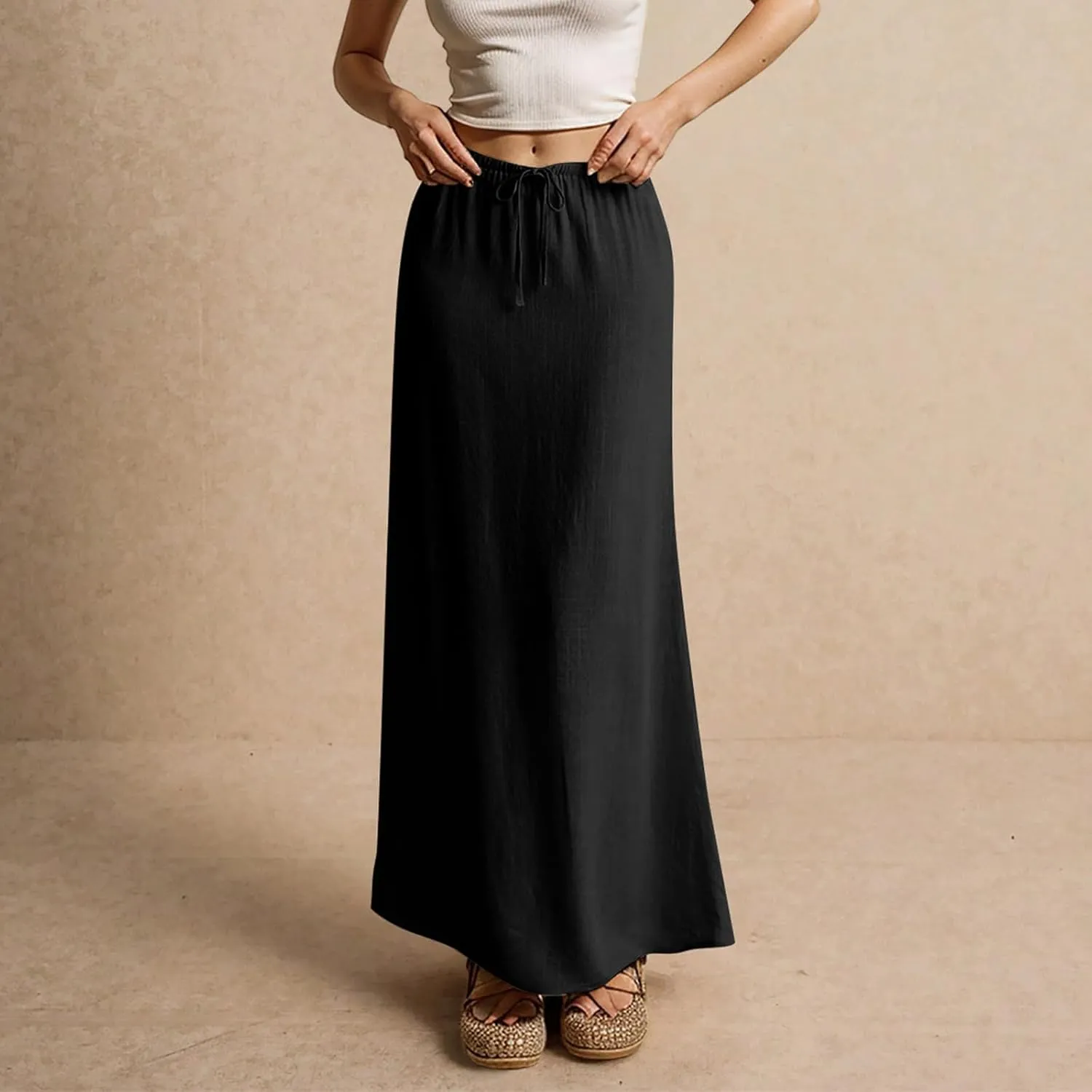 Linen Maxi Skirts for Women Summer Elastic Drawstring Waist A Line Skirts Cute Vacation Long Flowy Skirt
