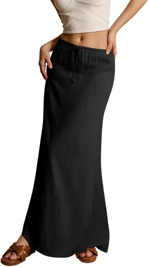 Linen Maxi Skirts for Women Summer Elastic Drawstring Waist A Line Skirts Cute Vacation Long Flowy Skirt