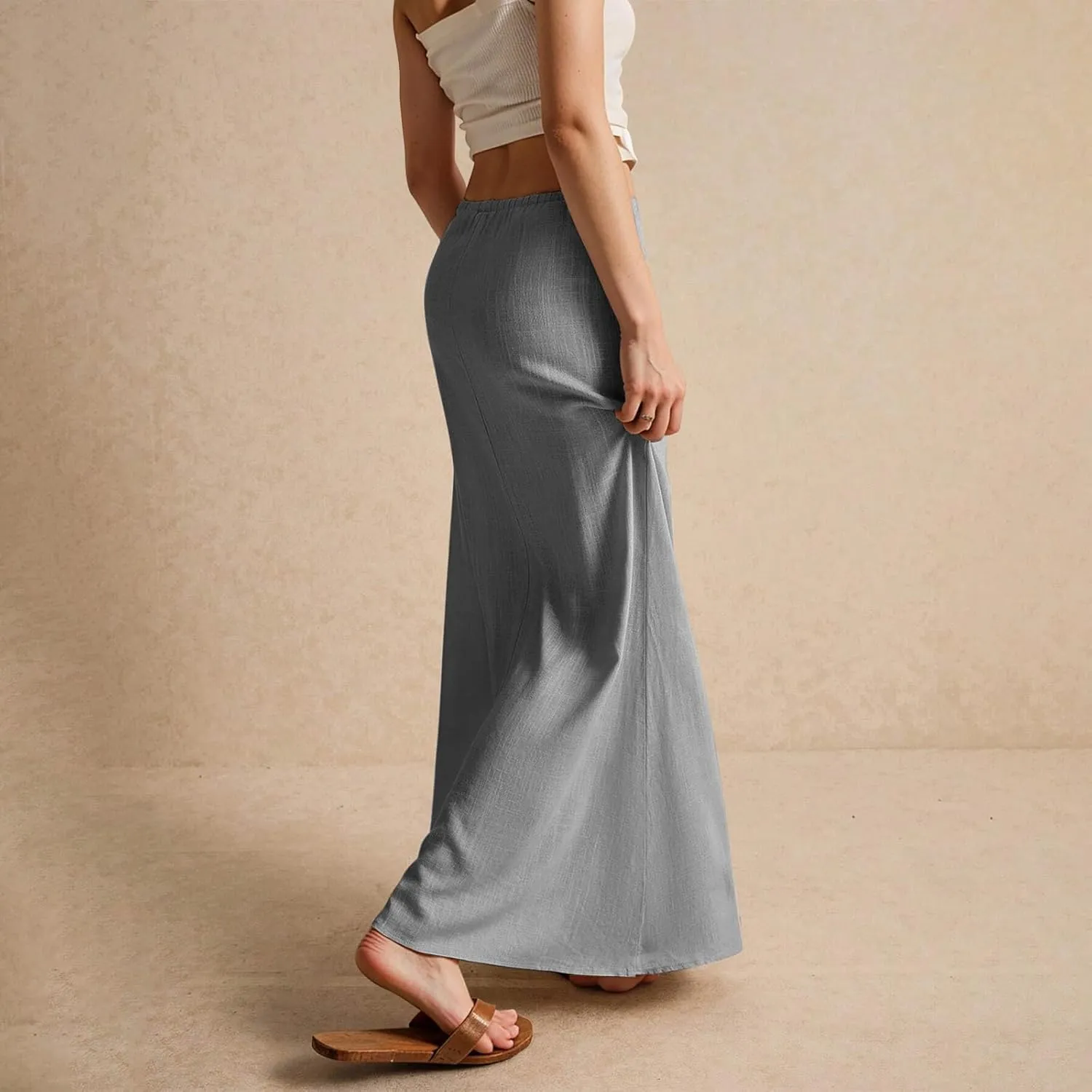 Linen Maxi Skirts for Women Summer Elastic Drawstring Waist A Line Skirts Cute Vacation Long Flowy Skirt