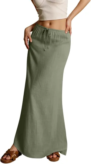 Linen Maxi Skirts for Women Summer Elastic Drawstring Waist A Line Skirts Cute Vacation Long Flowy Skirt
