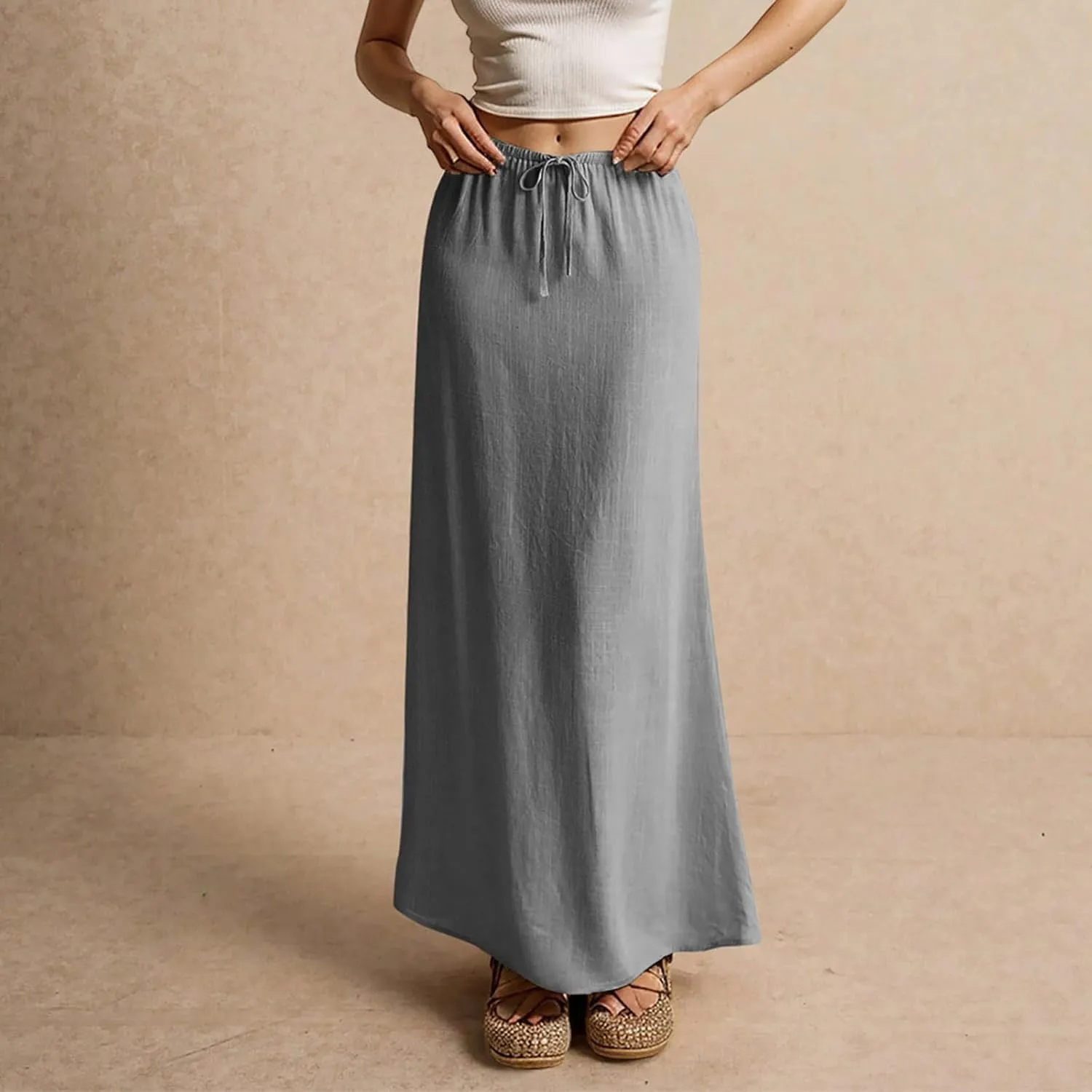 Linen Maxi Skirts for Women Summer Elastic Drawstring Waist A Line Skirts Cute Vacation Long Flowy Skirt