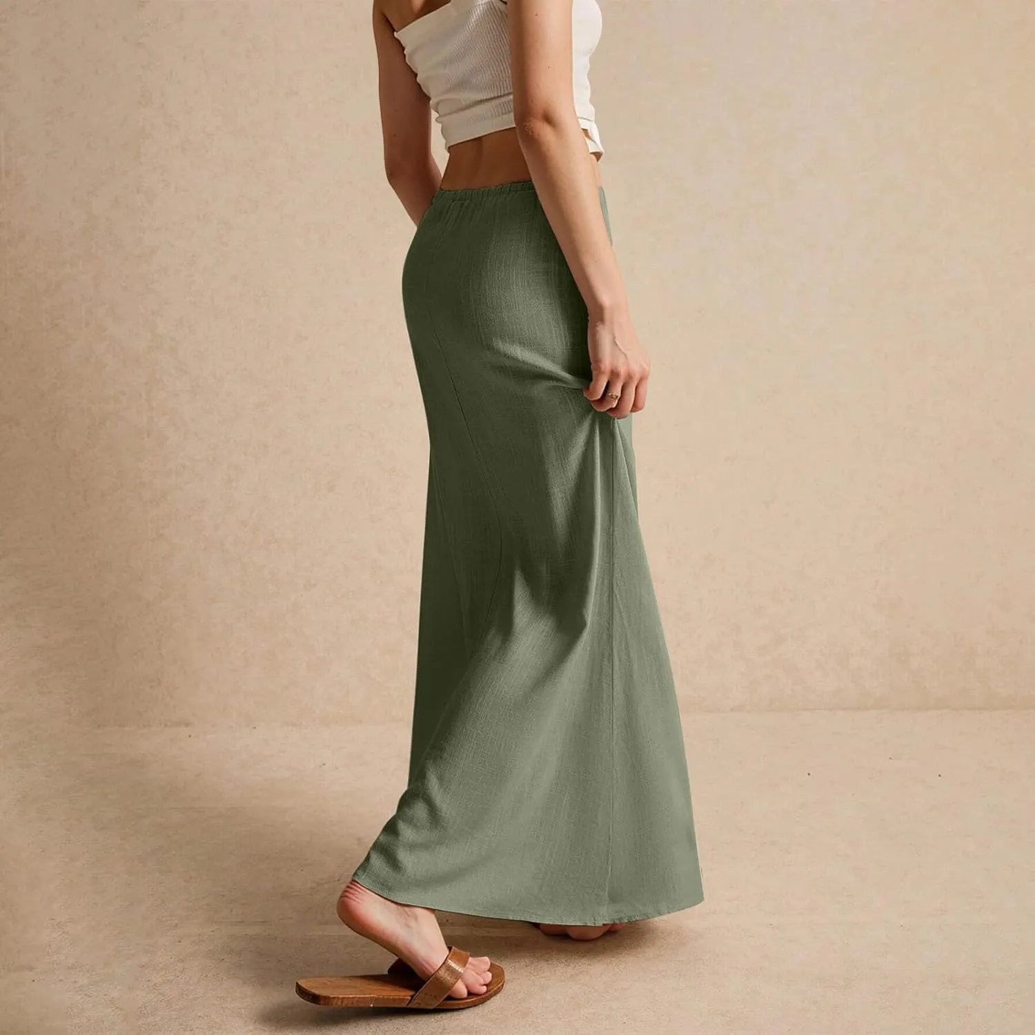 Linen Maxi Skirts for Women Summer Elastic Drawstring Waist A Line Skirts Cute Vacation Long Flowy Skirt