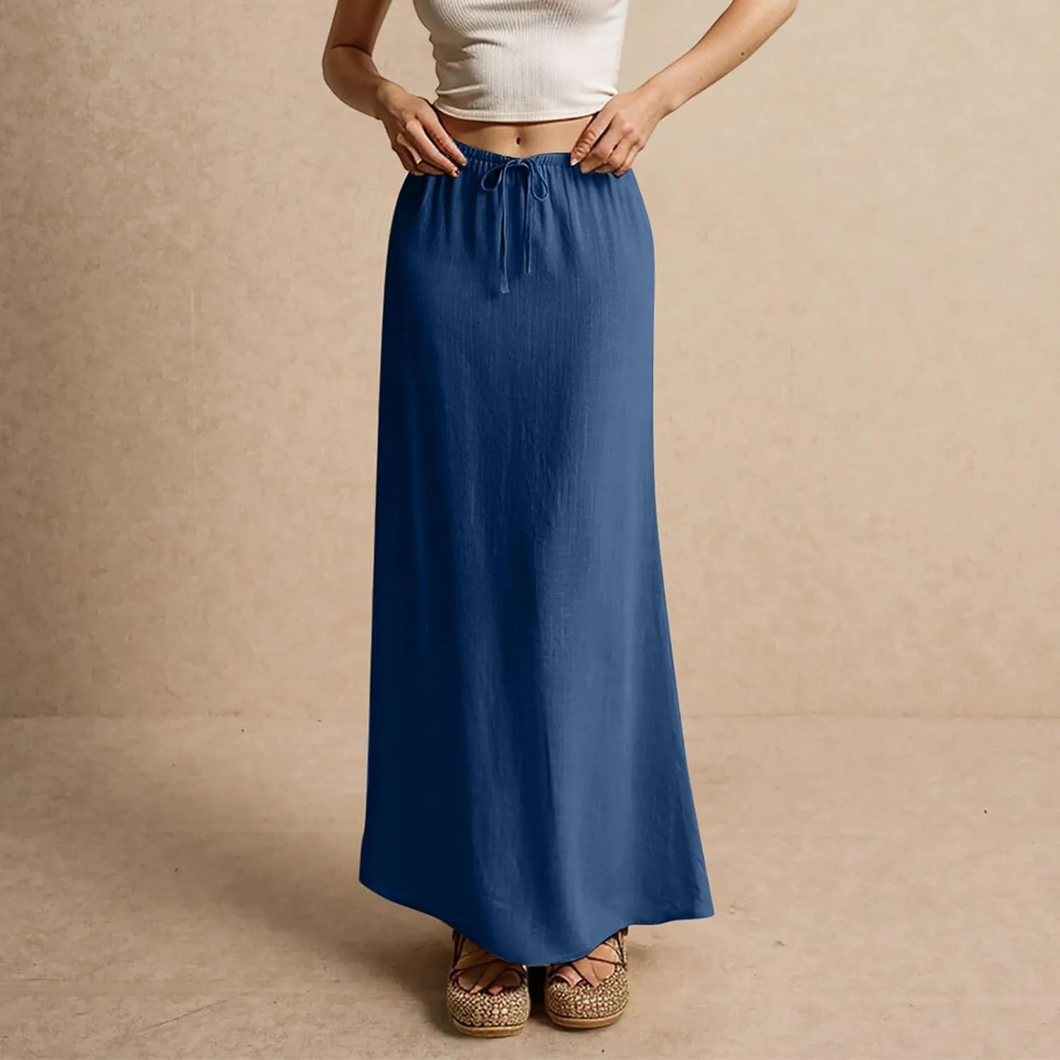 Linen Maxi Skirts for Women Summer Elastic Drawstring Waist A Line Skirts Cute Vacation Long Flowy Skirt