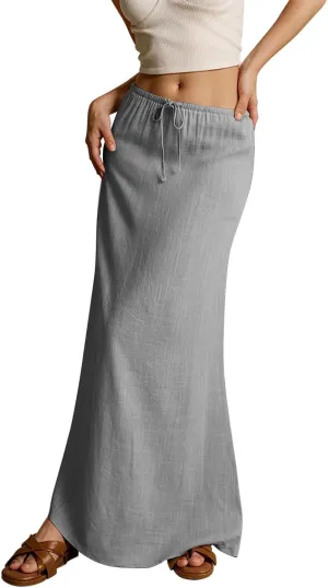 Linen Maxi Skirts for Women Summer Elastic Drawstring Waist A Line Skirts Cute Vacation Long Flowy Skirt